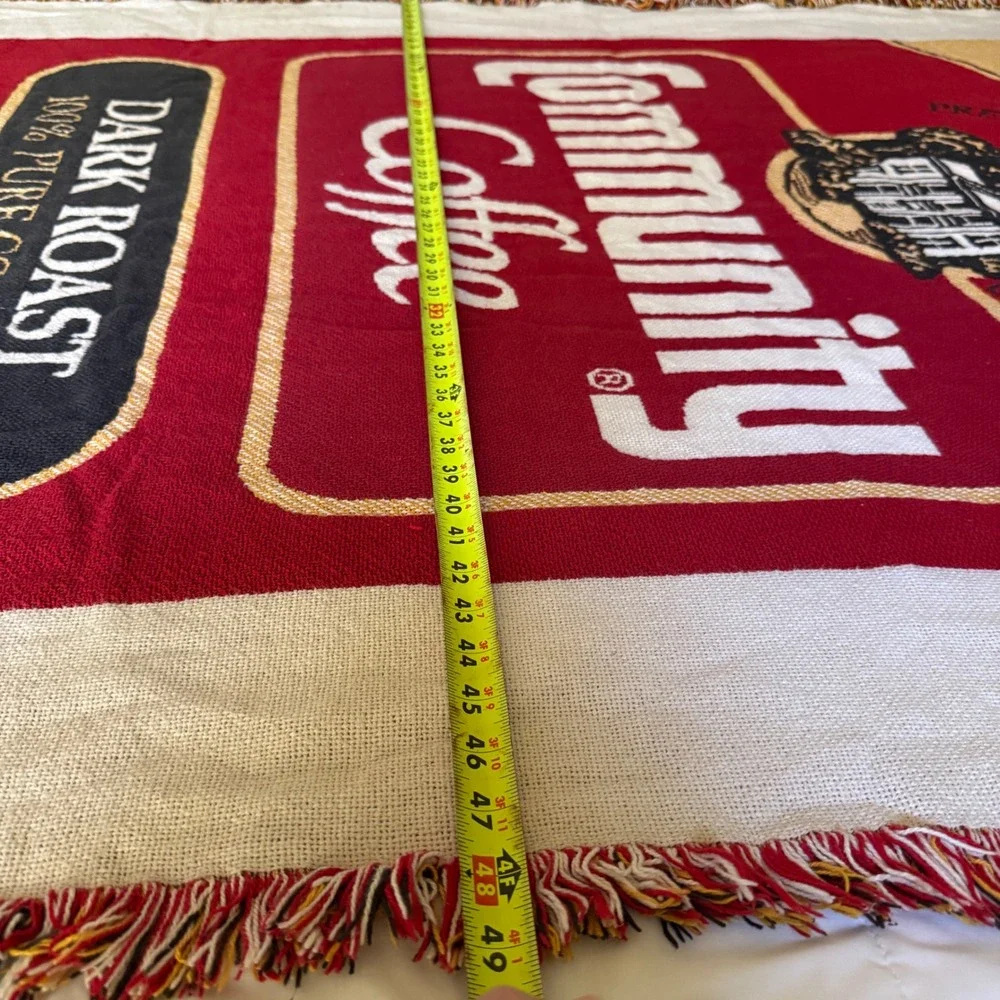 Community Coffee Dark Roast Woven Tapestry Throw Blanket Red Fringed Edge Retro
